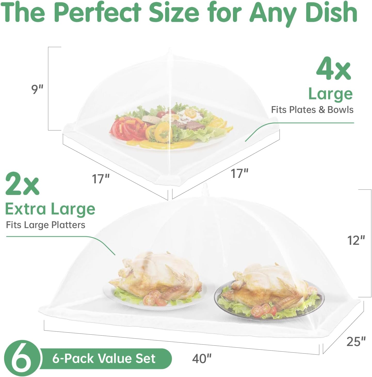 6 Pack Food Covers for Outside Mesh, 2 XL 40x25 inch + 4 L 17x17 inch Popup Foldable Outdoor Food Tents, Screen Net to Keep Bugs Flies Away for Picnic BBQ Camping Party Supplies