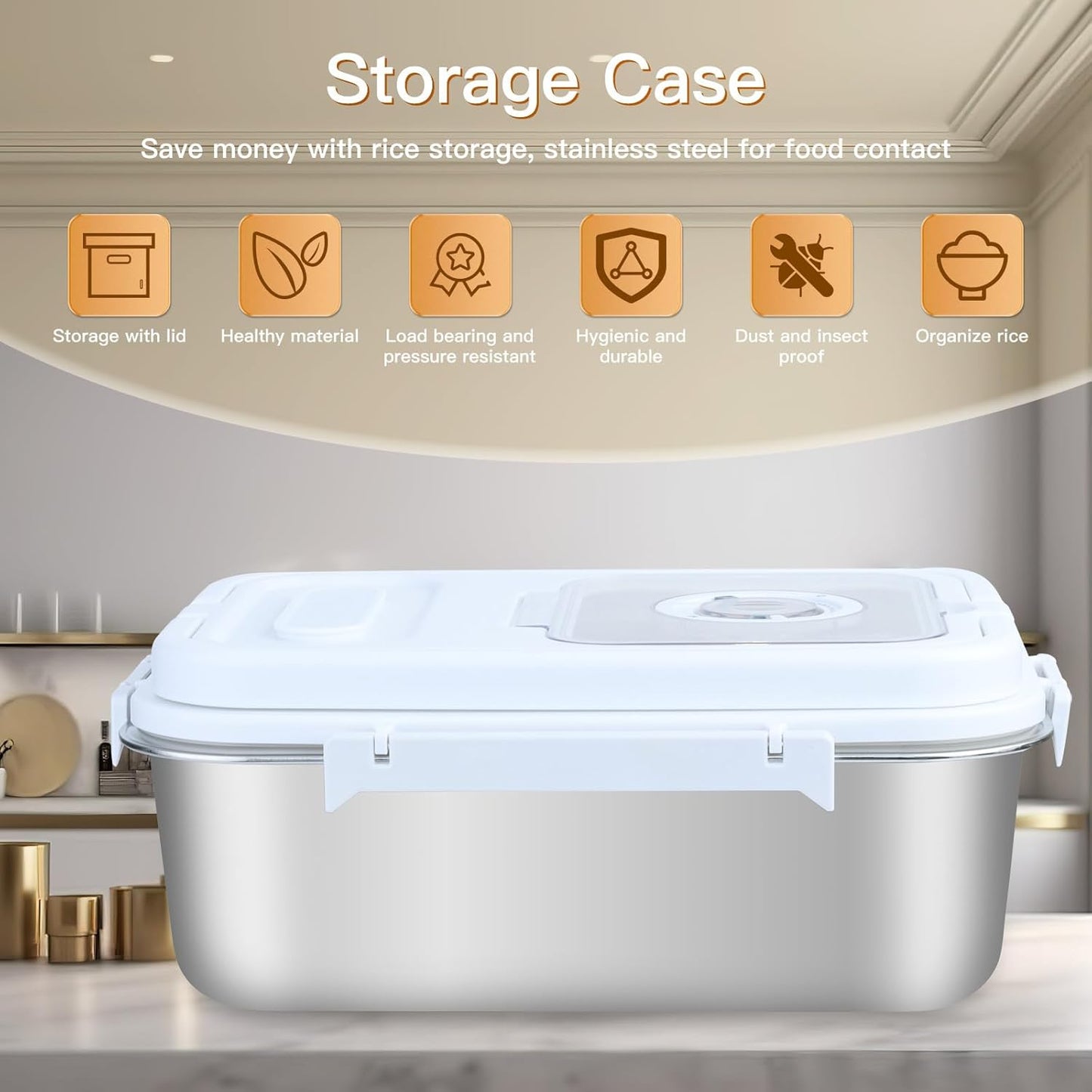 Saim Rice Storage Container Bin, 15lb Stainless Steel Food Storage Containers with Silicone Lid, Measuring Cup, Spoon, Rice Dispenser for Flour, Sugar,and Baking Supplies