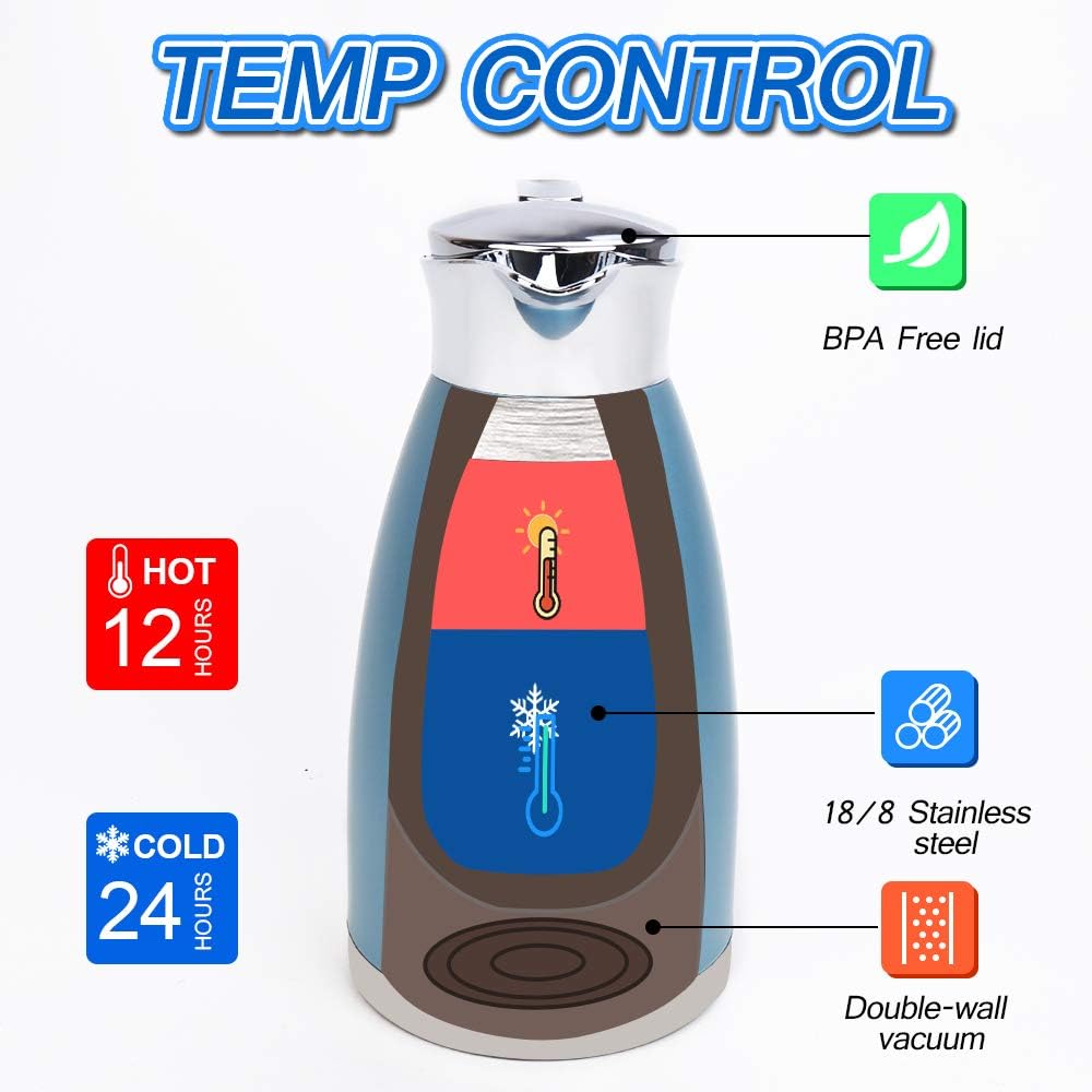 61oz Coffee Carafe Airpot Insulated Coffee Urn Stainless Steel Vacuum Thermal Pot Flask for Coffee, Hot Water, Tea, Hot Beverage - Keep 12 Hours Hot, 24 Hours Cold (Blue)