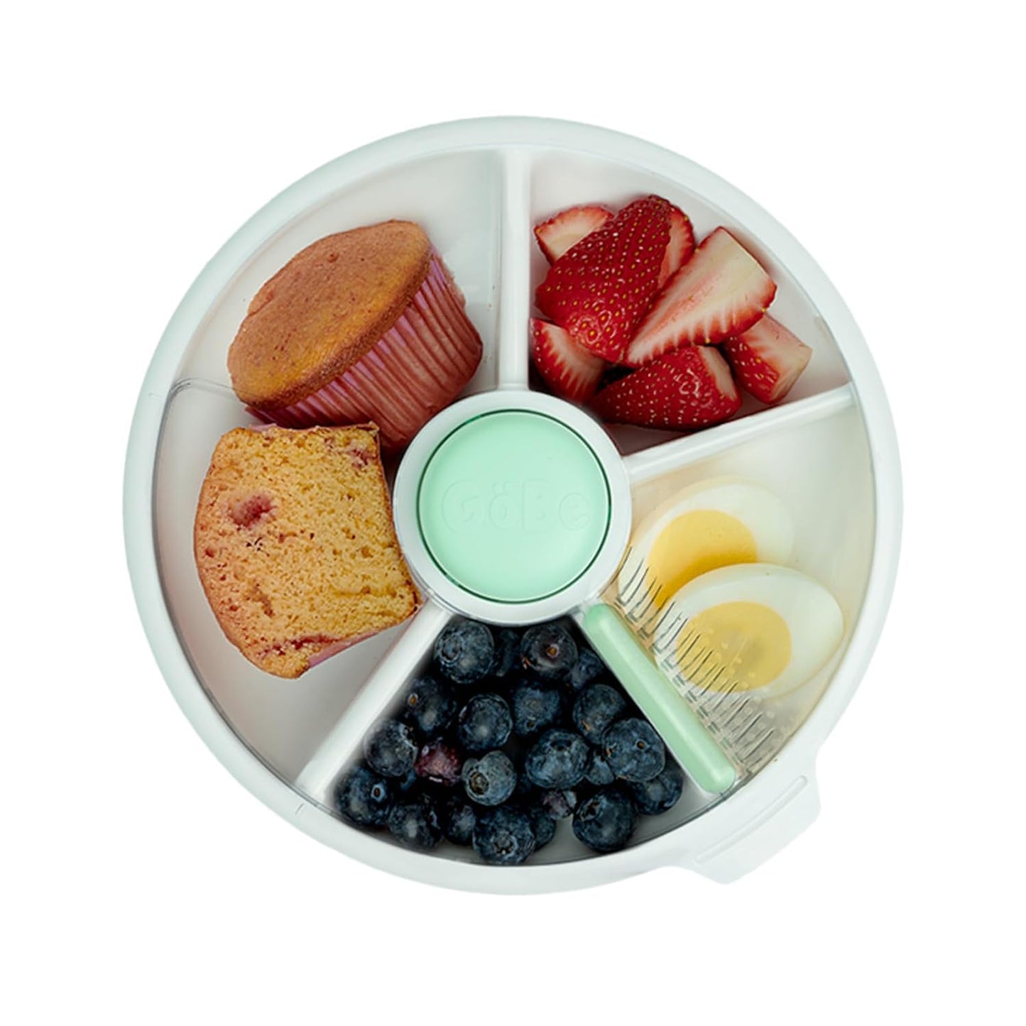 GoBe Kids Large Snack Spinner Slide Bundle with Hand Strap and Sticker Sheet - Reusable Snack Container with 4 Compartment Dispenser and Lid | BPA/PVC Free | Dishwasher Safe | No Spill - Mint Green