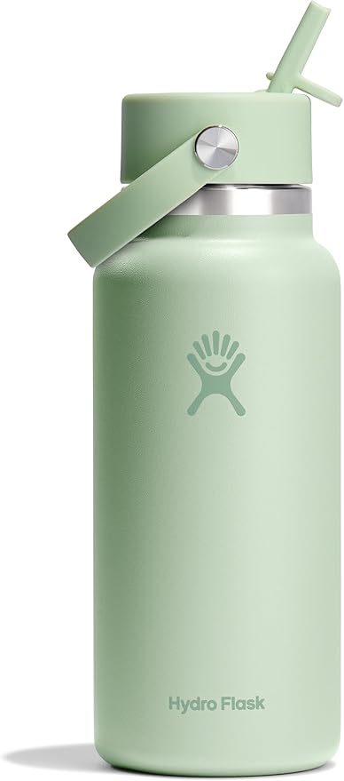 Hydro Flask Water Bottle - Insulated Stainless Steel - Wide Mouth Flex Straw Lid, Non Spill, Leakproof and Refillable in 32 Oz Aloe Green