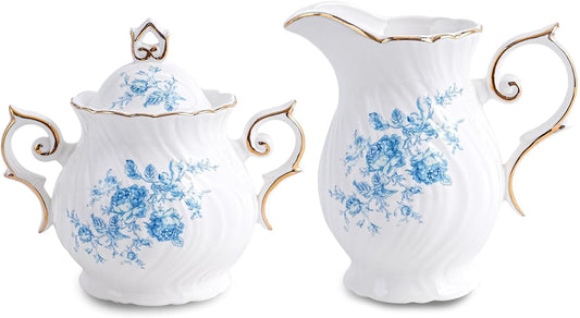 Sugar and Creamer Set Ceramic, Creamer Pitcher and Sugar Bowl with Lid,Sugar Cube Dish Coffee or Tea (White with blue flower)