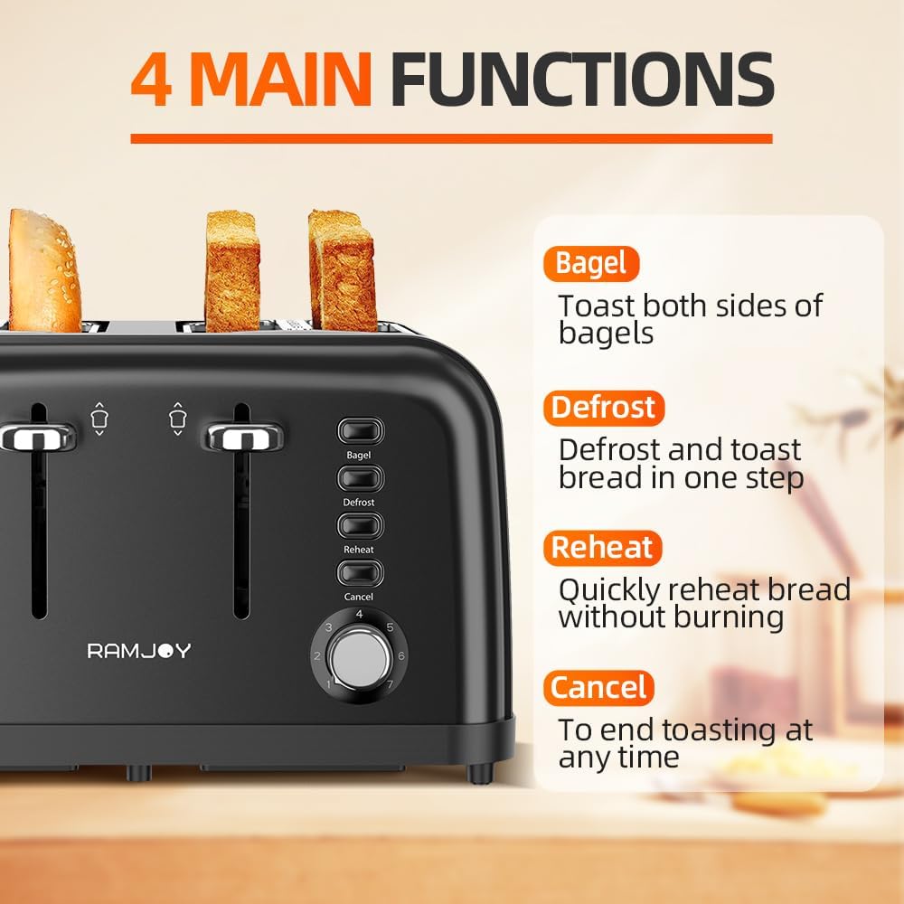 Black Toaster 4 Slice, Dual Independent Controls, Extra Wide Slot Toasters for Bagel, Bread, Waffles, 7 Shade Settings, 4 Main Functions, Removable Crumb Tray, 1500 Watts, Black Stainless Steel