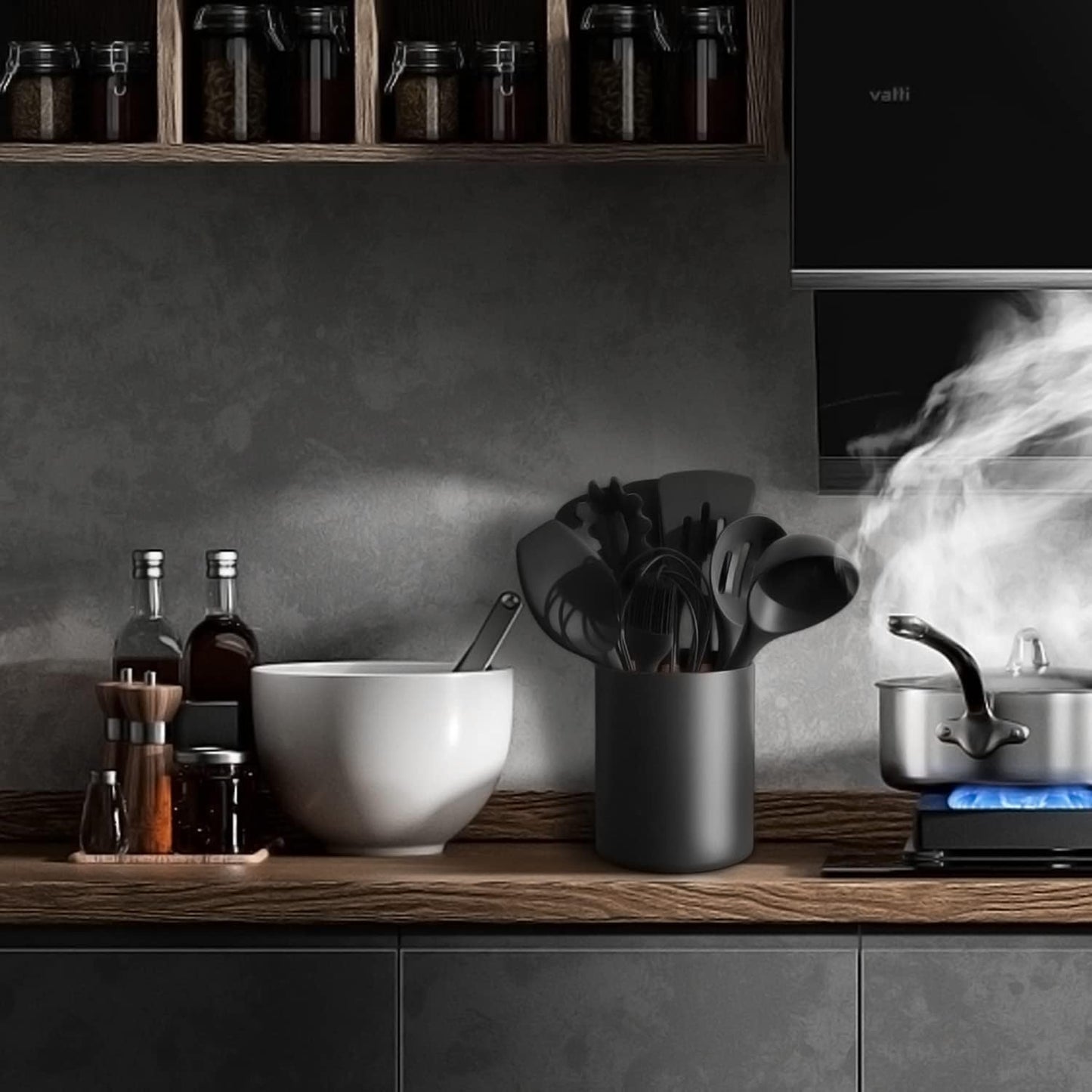 Black Kitchen Utensil Holder for Countertop, Large 7.2 Matte Ceramic Cooking Utensil Crock for Counter Easy to Clean, Modern Spatula Holder for Farmhouse Décor 7.2×5.8 INCH