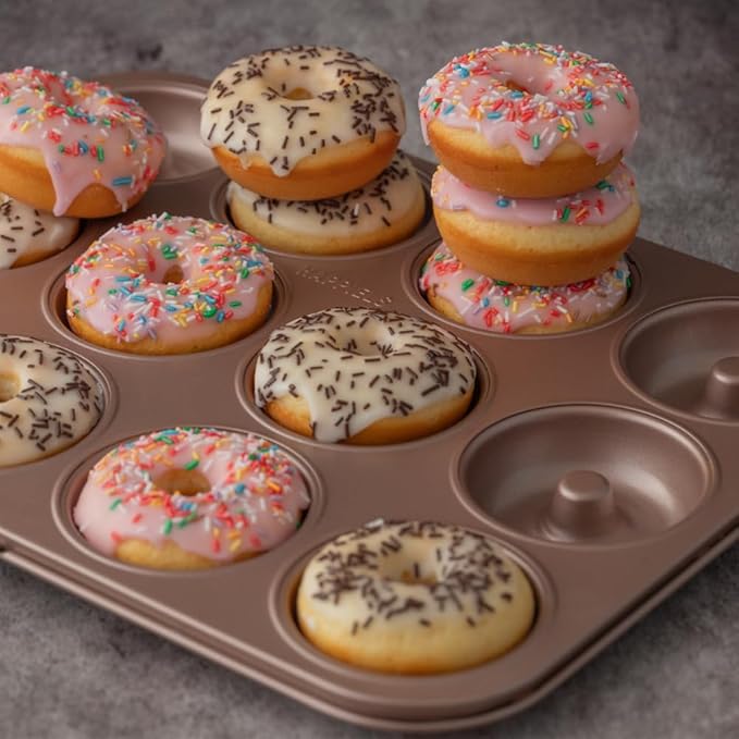 HAPPIELS 12 Well Donut Pan Nonstick, Non Toxic PFOA & BPA Free Donuts Mold for Baking, Doughnut Tin for Oven, Doughnuts Pans and Molds Non Stick Nontoxic, Baking Tray Pans & Trays without Teflon