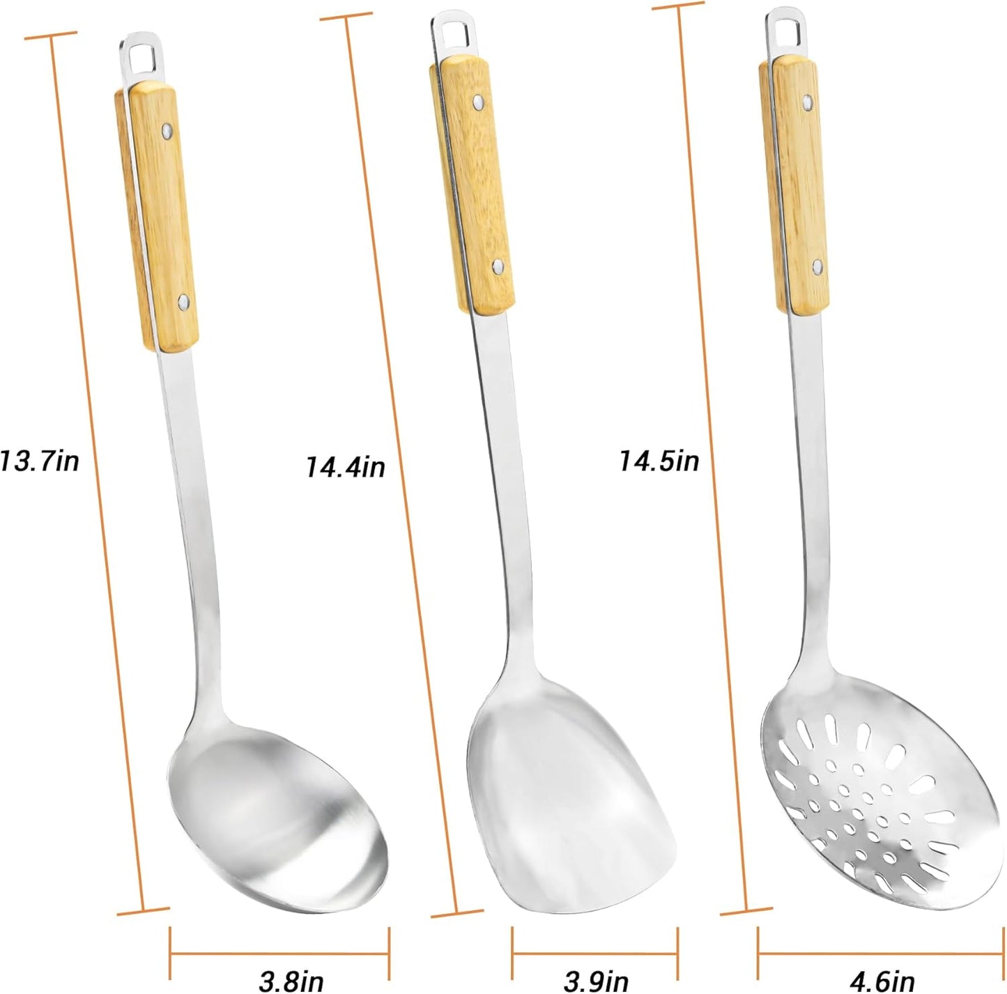 FJNATINH Wok Spatula and Ladle Skimmer Spoon - Stainless Steel Cooking Utensils Set of 3,Kitchen Wok Utensils Set