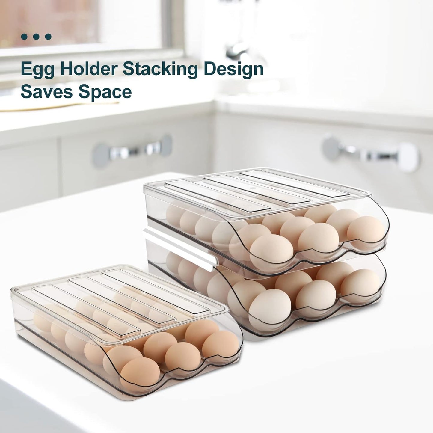 Egg Holder for Fridge, Automatically Rolling Egg Storage Container for Refrigerator,Large Capacity Egg Organizer for Fridge with Lid,Clear Plastic Dispenser, Tray & Bin -1 Layer