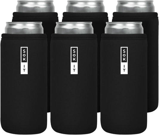 Sok It CanSok 6 Pack Sleeve for Beer & Soda Insulated Neoprene Cover (Black, 12oz Slim Can Sleeve - 6 Pack)