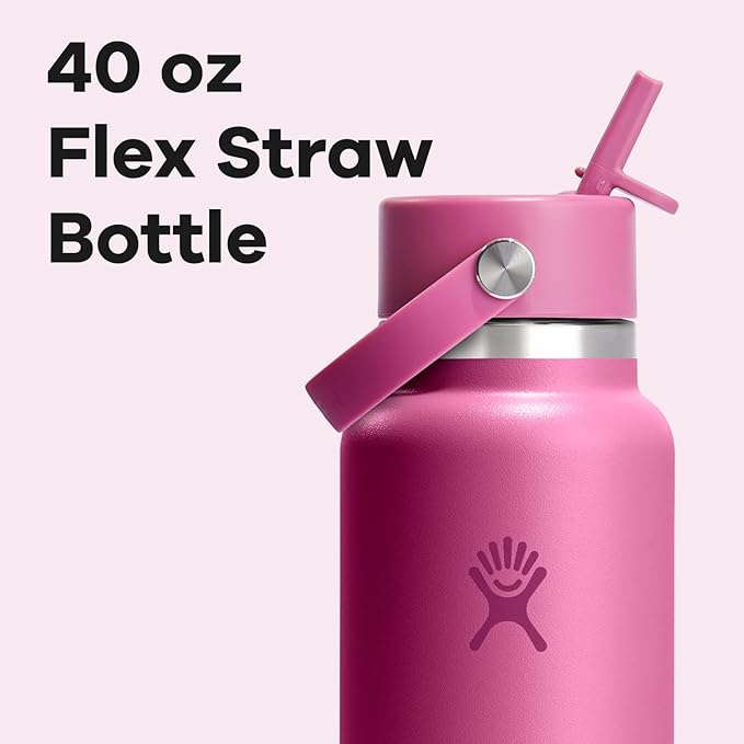 Hydro Flask Water Bottle - Insulated Stainless Steel - Wide Mouth Flex Straw Lid, Non Spill, Leakproof and Refillable in 40 Oz Reef Pink