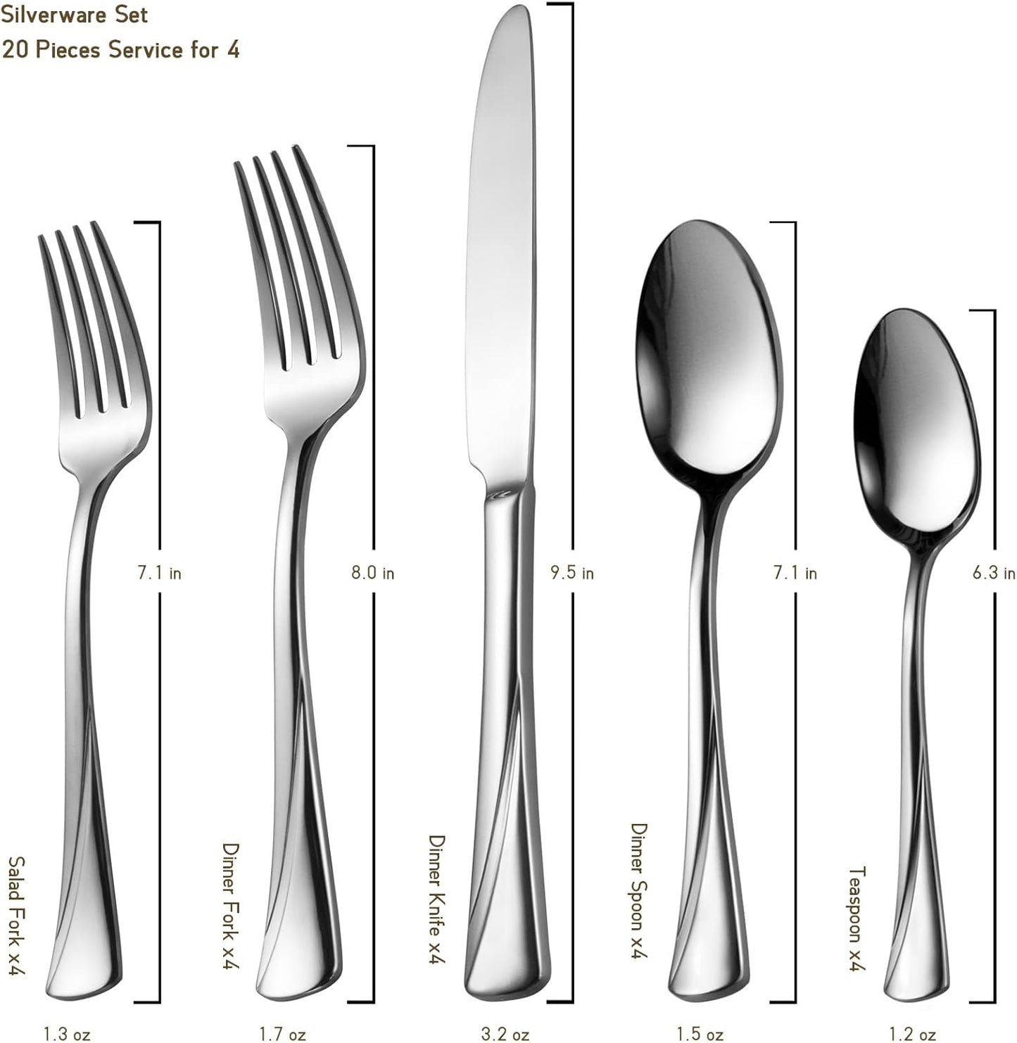 Alata Alice 20-Piece Silverware Set Stainless Steel Flatware Set,Service for 4,Mirror Polished Cutlery Set,Dishwasher Safe