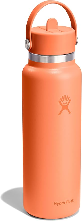 Hydro Flask Water Bottle - Insulated Stainless Steel - Wide Mouth Flex Straw Lid, Non Spill, Leakproof and Refillable in 40 Oz Nectar Orange