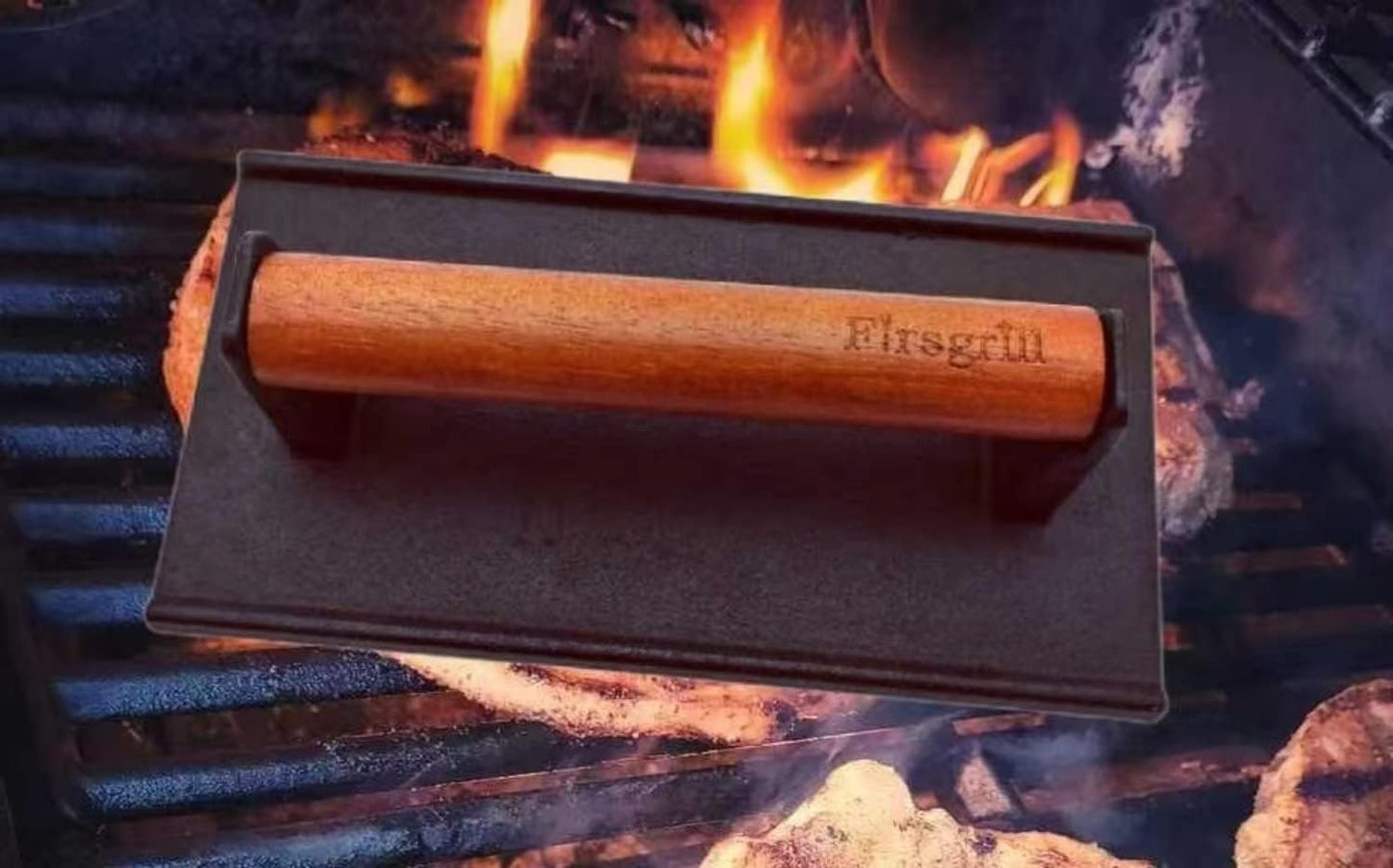 8.3"×4.3" Heavy-Duty Cast Iron Grill Burger Press and Meat Steak with Wood Handle for Blackstone Camp Chef Pitboss Weber Griddle Grills (Rectangle)