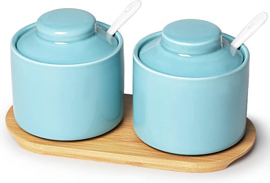 ONTUBE Ceramic Sugar Bowl with Lid and Spoon Set of 2,Porcelain Seasoning Box Salt Bowl with Tray,8oz (Turquoise Blue)