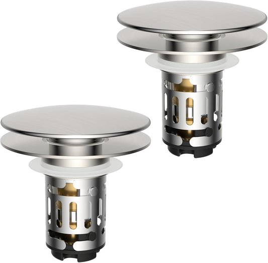 Hibbent 2 Pack Upgraded 3 in 1 Bathroom Sink Drain Strainer, Pop Up Sink Stopper with Big Cap, Anti-Clogging Metal Filter Basket,Sink Plug with Hair Catcher for 1.1''~2.36'' Basin, Brushed Nickel