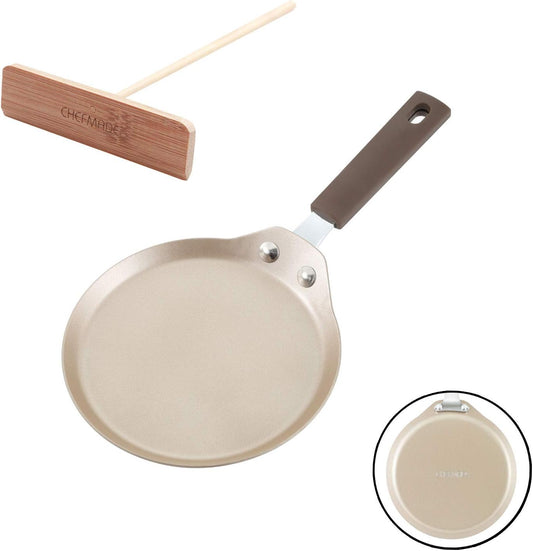 CHEFMADE Mini Crepe Pan with Bamboo Spreader, 6-Inch Non-Stick Pancake Pan with Insulating Silicone Handle for Gas, Induction, Electric Cooker (Champagne Gold)