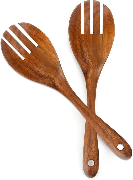 Teak Wood Sporks 10.2-Inch Pack of 2, Teak Wooden Salad Forks with Ergonomical Handles, Salad Fork for Cooking, Wooden Spork for Salad Serving