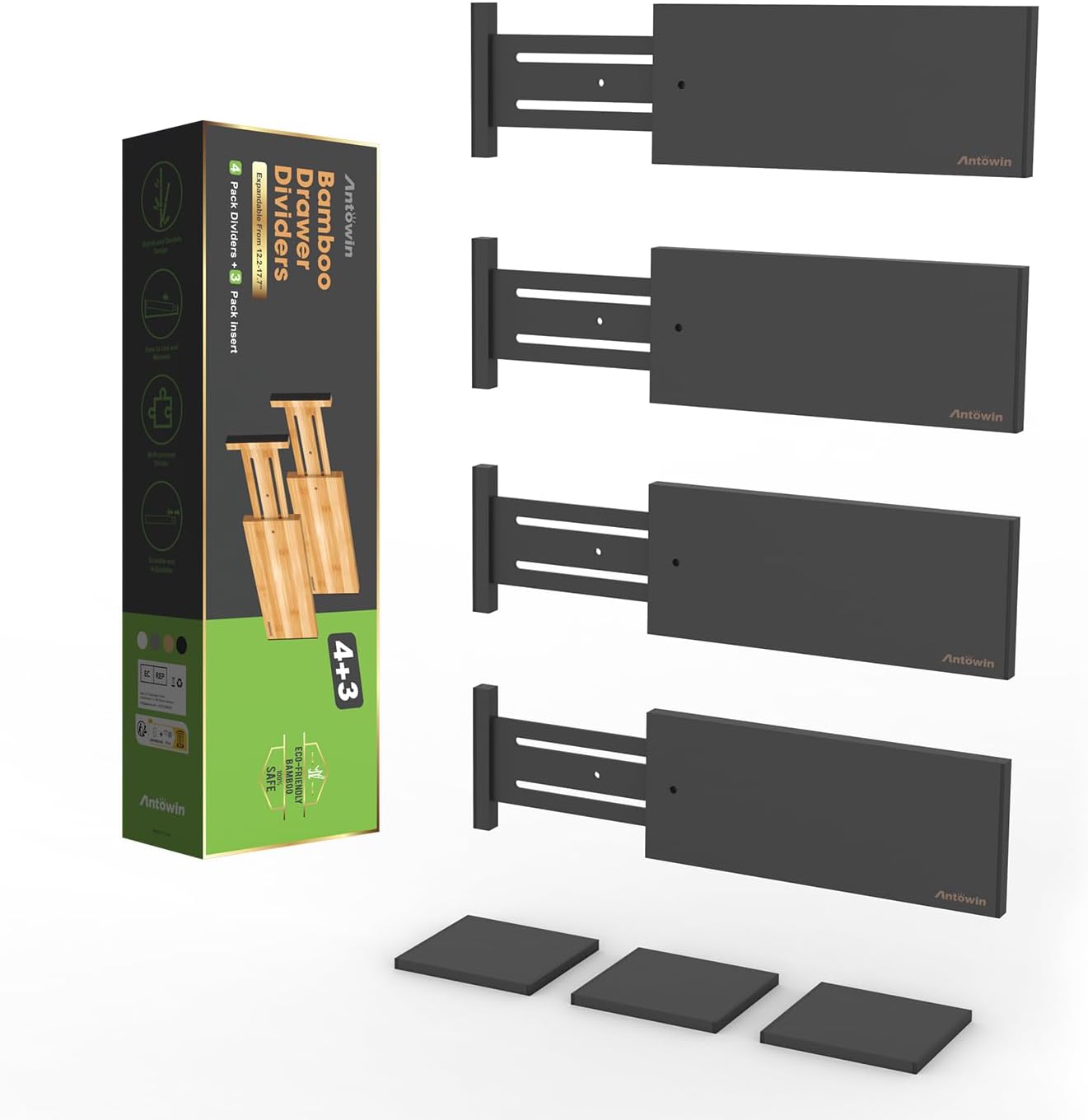 ANTOWIN 4 Pack Expandable Drawer Dividers, 4.7'' High, Extend from 12.2'' to 17.7'', Dresser Drawer Organizers, Bamboo Separators for Kitchen, Bedroom, Office, Bathroom (Black)