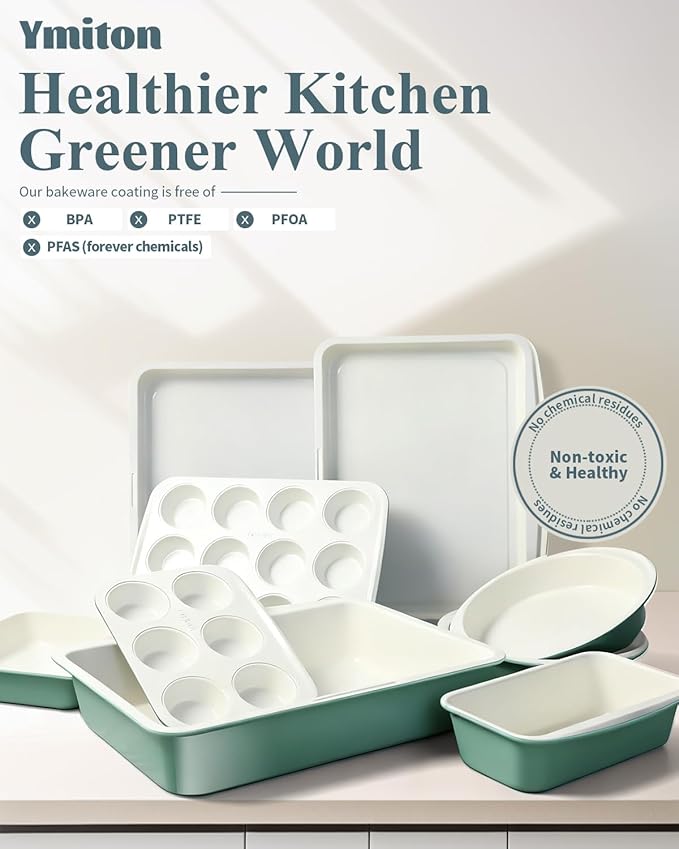 Ceramic Nonstick Baking Pans Set, Non Toxic 33 PCS Stackable Bakeware Sets, 550°F Oven Safe Baking Sheet & Pans, Warp-Free, Dishwasher Safe, PTFE/PFOA/PFOS-Free (Green)