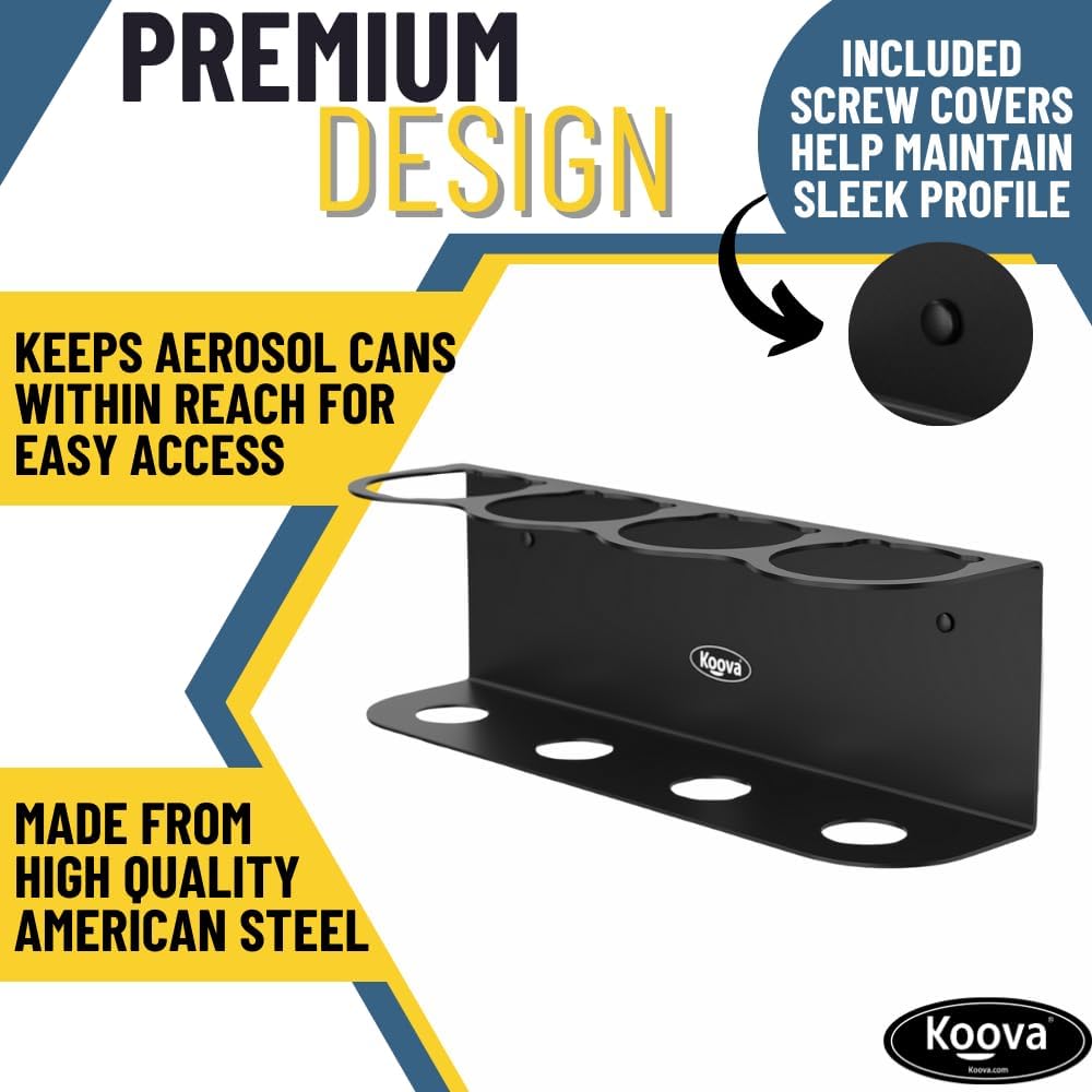 Koova 4 Aerosol Spray Can Holder | Easy Install Wall Mount | Heavy-Duty Powder Coated Steel Storage Rack for Garage & Home | Craft Workspace Paint Bottle Organizer | Hardware Included | USA Made