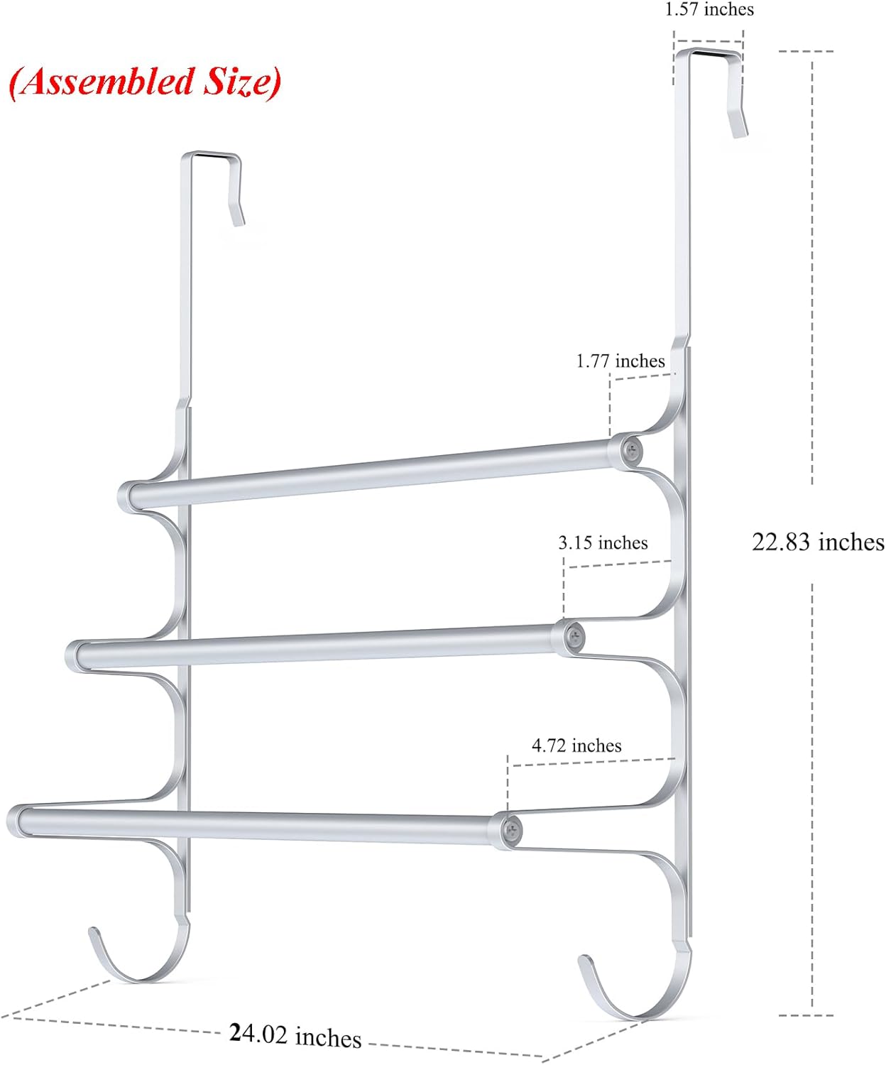 Over The Door Towel Rack, Triple Towel Storage Holder with Hooks, 24.02 Inches Towel Bar Hanger Towel Racks for Bathroom (Silver)