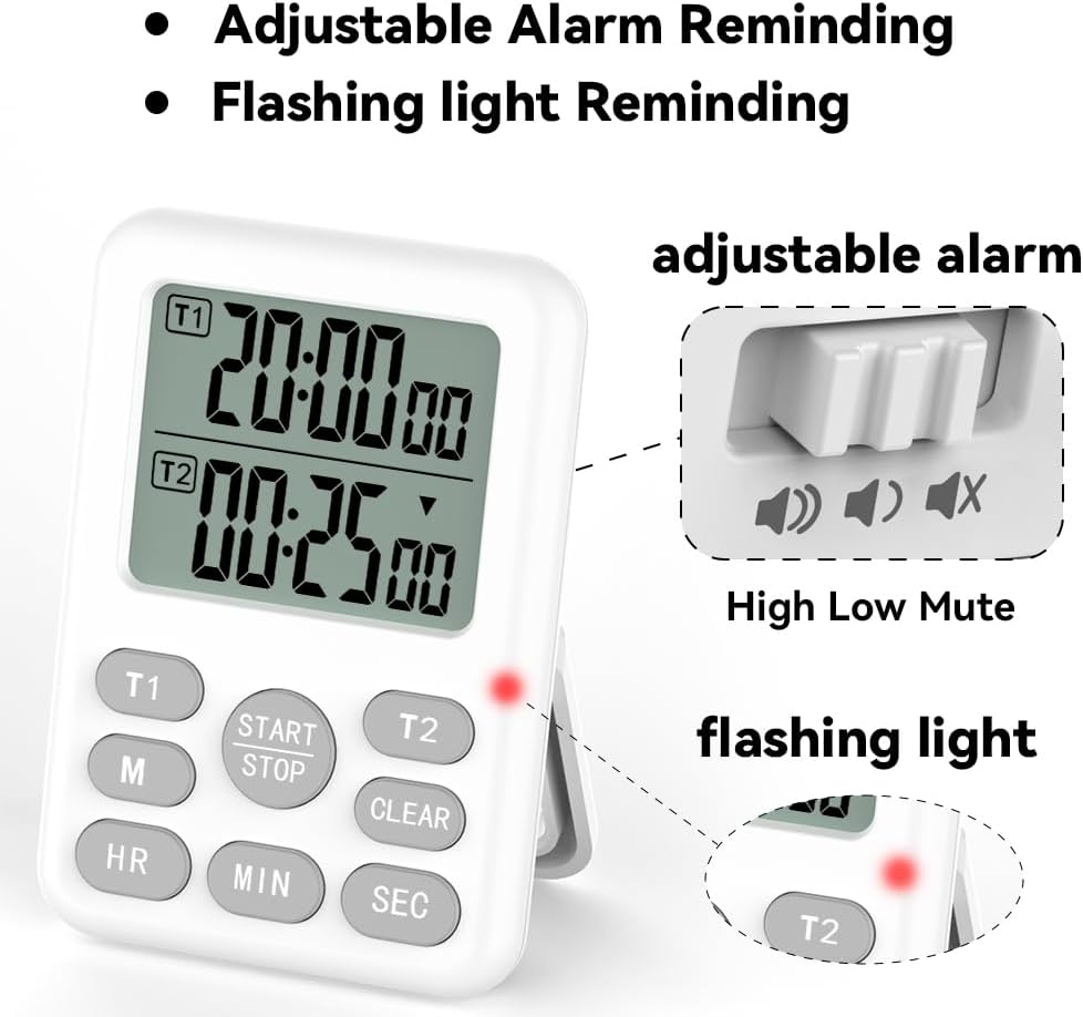 Dual Kitchen Timer Digital - 2 Channel for Cooking with Alarm, Large Display, Magnetic Back, Replaceable 3A Battery, Loud Food Timer, Modern White Design for Multi Timing Needs