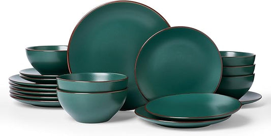 Famiware Venus Plates and Bowls Sets, 18 Pieces Stoneware Dinnerware Sets, Speckled Dishes Set for 6, Microwave and Dishwasher Safe, Matte Dark Green