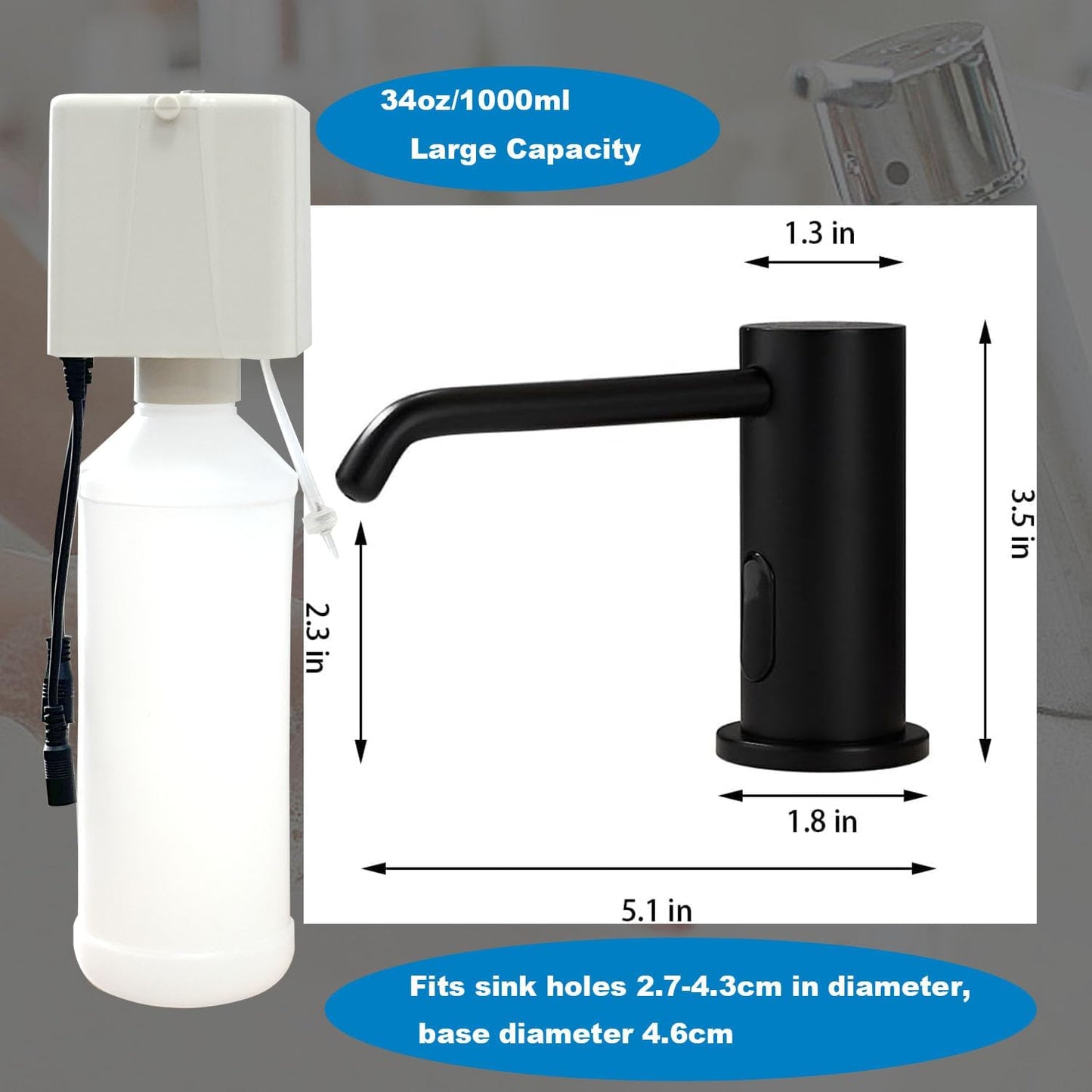 Touchless Automatic Soap Dispenser for Kitchen Bathroom Sink Built in Liquid Commercial Electric Soap Dispenser with Bottle and Pump Matte Black