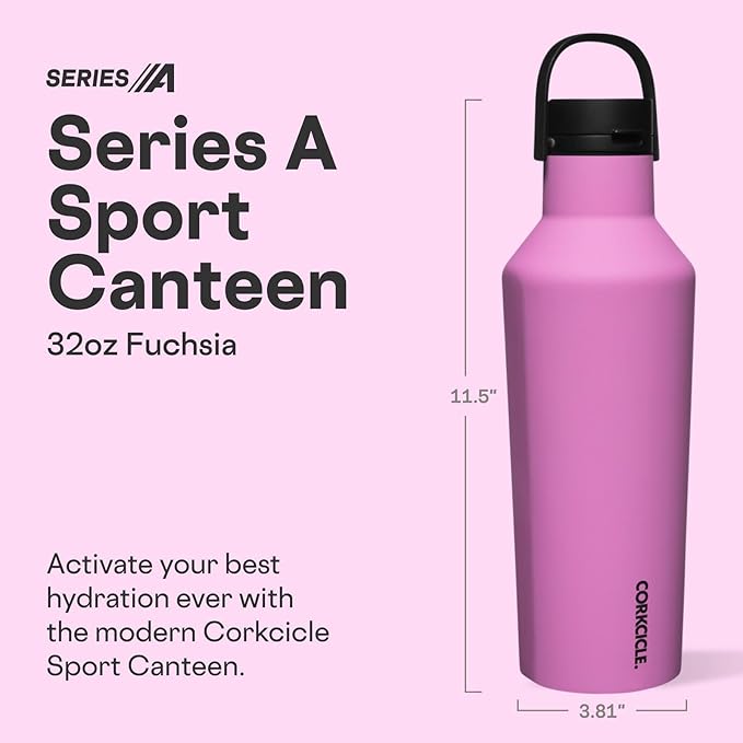 Corkcicle Sport Canteen - Keeps Drinks Cold 25 Hours - Stainless Steel Water Bottle - Triple-Insulated - Spill-Proof - Summer Drinkware Gift - Keeps Drinks Ice Cold - 32 oz - Fuchsia