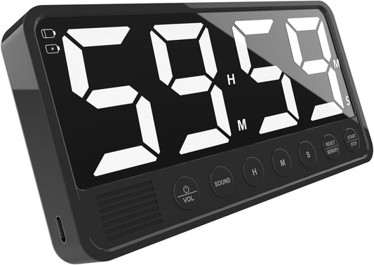 Extra-Large Display Digital Kitchen Timer with 7.4” LED Screen, 6 Alarms & 4 Volume Levels, 3 Memory Presets, Magnetic Stand Rechargeable Count Down/Up Timer for Cooking Home Gym, Black