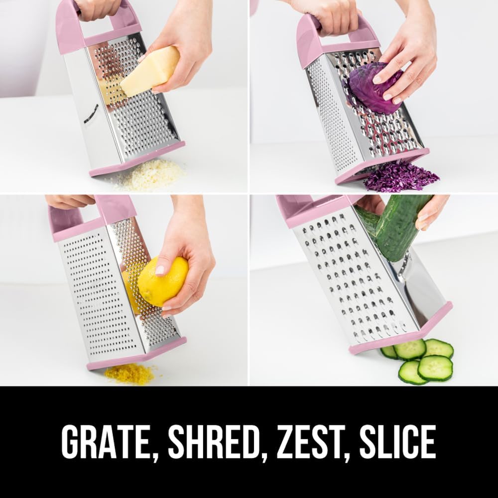 GORILLA GRIP 4-Sided 100% BPA-Free Cheese Grater With Container, Stainless Steel XL Box Graters, Parmesan Shredder, Grate Cheeses, Shred Veggies, Slip Resistant Handle, Dishwasher Safe Zester, Pink
