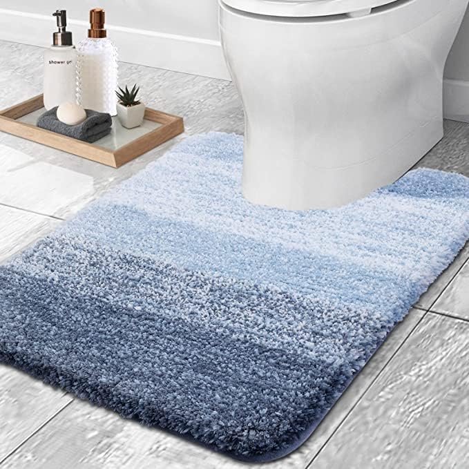OLANLY Luxury Toilet Rugs U-Shaped 24x20, Extra Soft and Absorbent Microfiber Bathroom Rugs, Non-Slip Plush Shaggy Bath Mat, Machine Wash Dry, Contour Bathroom Mats for Toilet Base, Blue