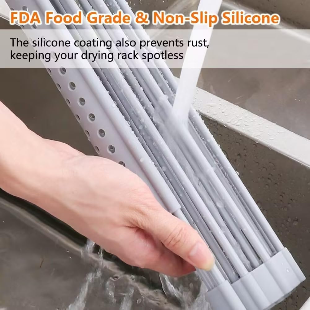 Silicone Wrapped Dish Drying Rack Above Sink, Width 20.47 inches x Length 12.99 inches, roll up Dish Drain Above Sink - Foldable (Silicone Rubber)