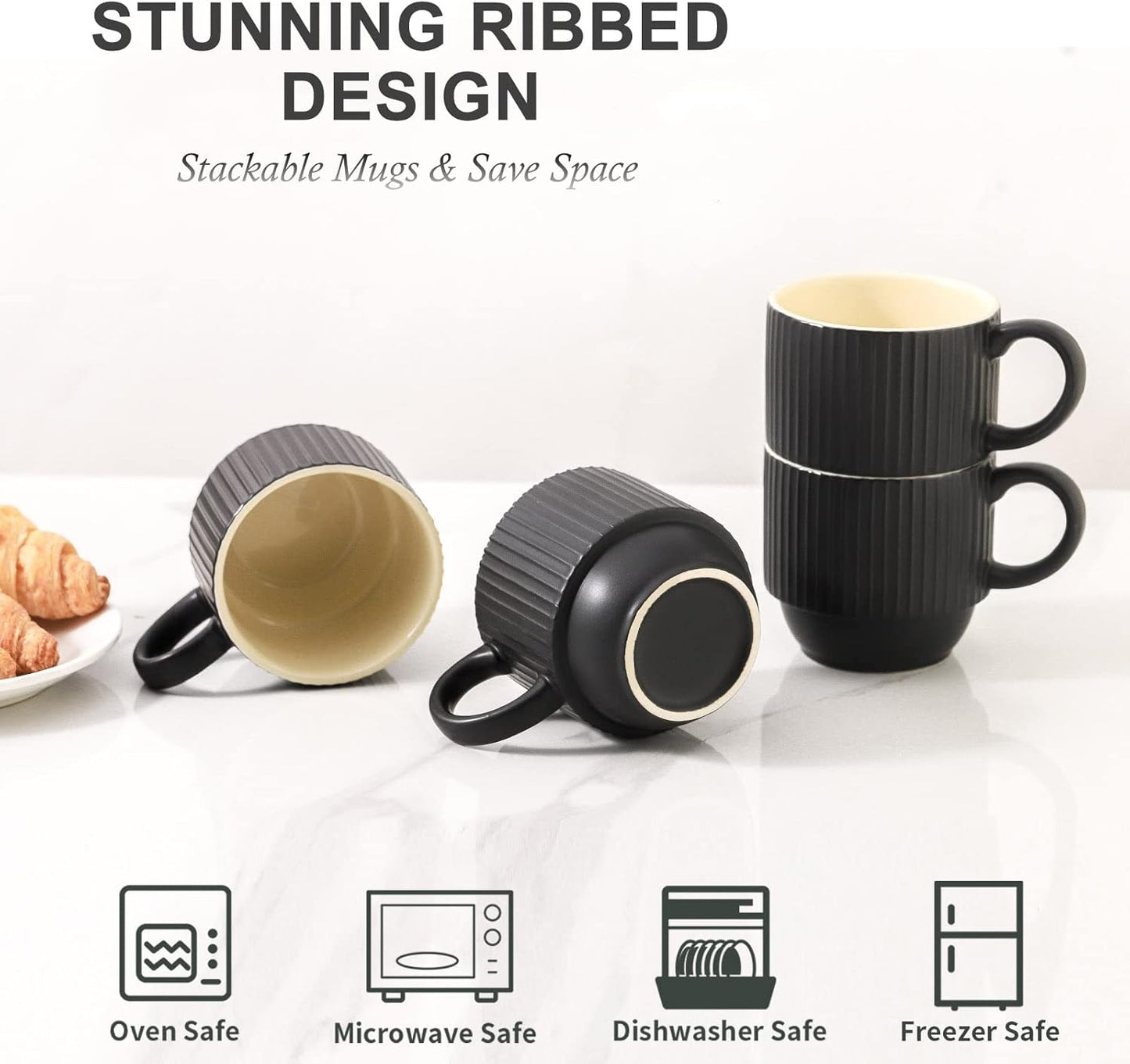 Hasense Black Coffee Mug Porcelain Set of 4 with Rack - 12 oz Stackable Coffee Cups Ceramic, Modern Ribbed Latte Cup Sets for Cappuccino, Tea, Espresso, Hot Cocoa, Drinks - Dishwasher & Microwave Safe