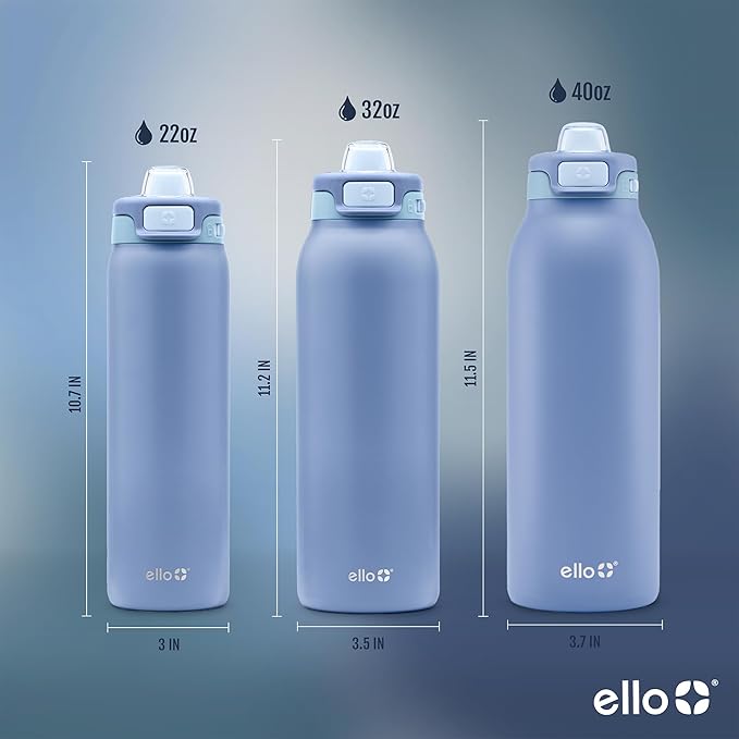 Ello Pop & Fill Stainless Steel Water Bottle with Quick Fill Technology, Double Walled Vacuum Insulated Metal, Leak Proof Locking Lid, Sip & Chug, BPA Free, Holiday Gift for Him Her, 22oz, 32oz, 40oz