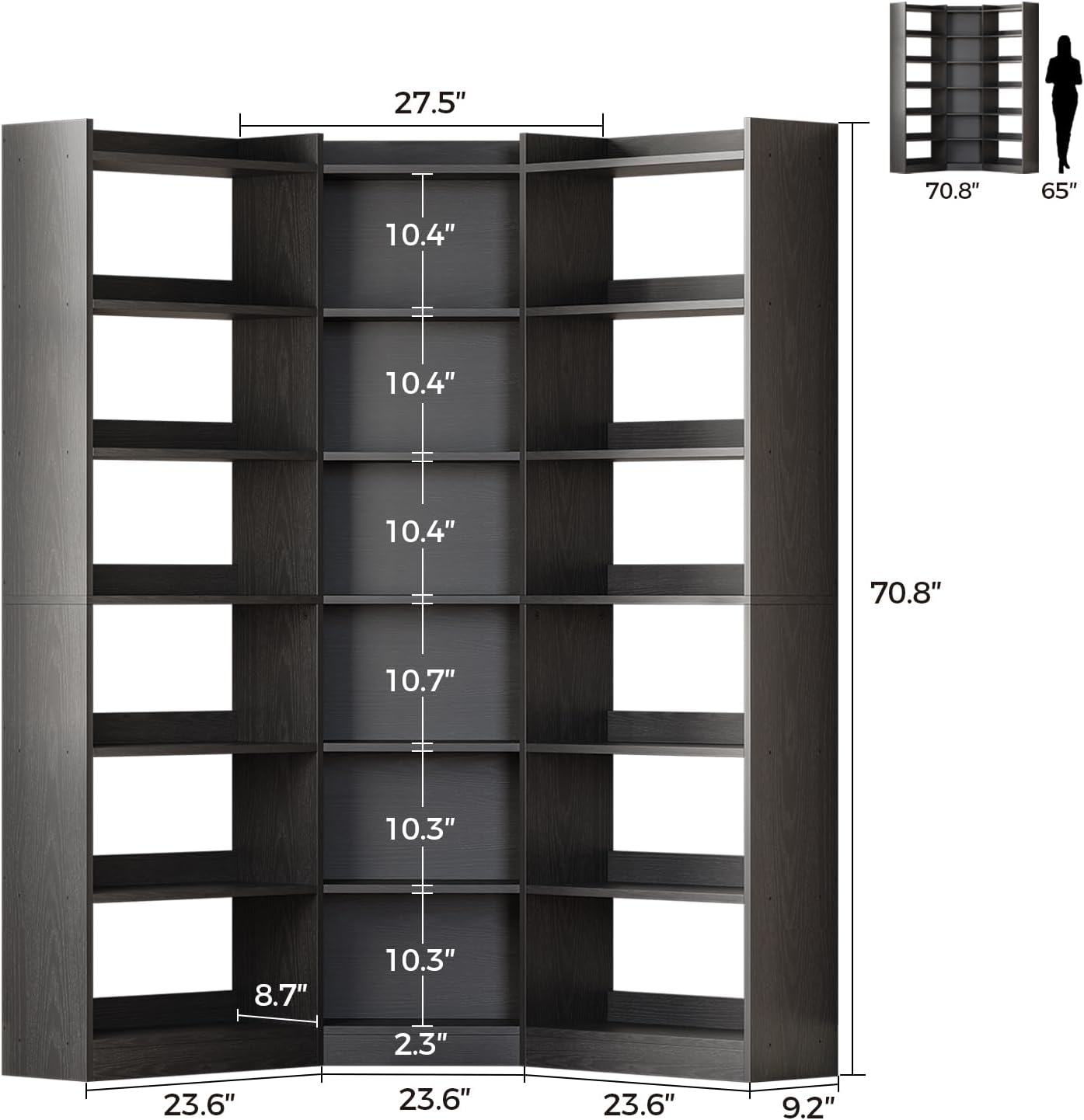 IRONCK Corner Bookshelf, 7-Tier Bookshelf with Storage, Corner Bookcases with Baffles Etagere Shelf for Living Room Home Office Bedroom, Black