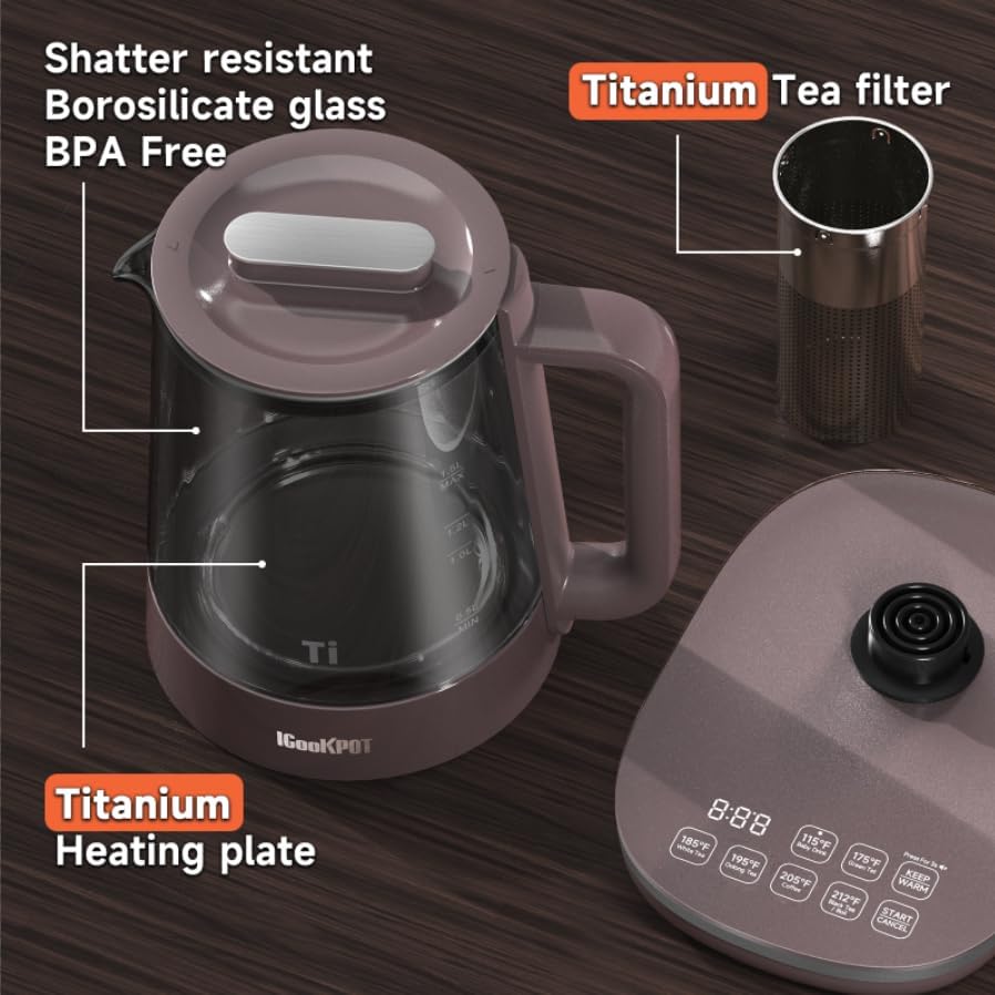 Titanium Hot Tea Maker Glass Electric Kettle with Infuser and Temperature Control,1.5L Tea Maker & 1500W Rapid Boiling,Programmable Control for your Favorite Teas and Coffee-Brown