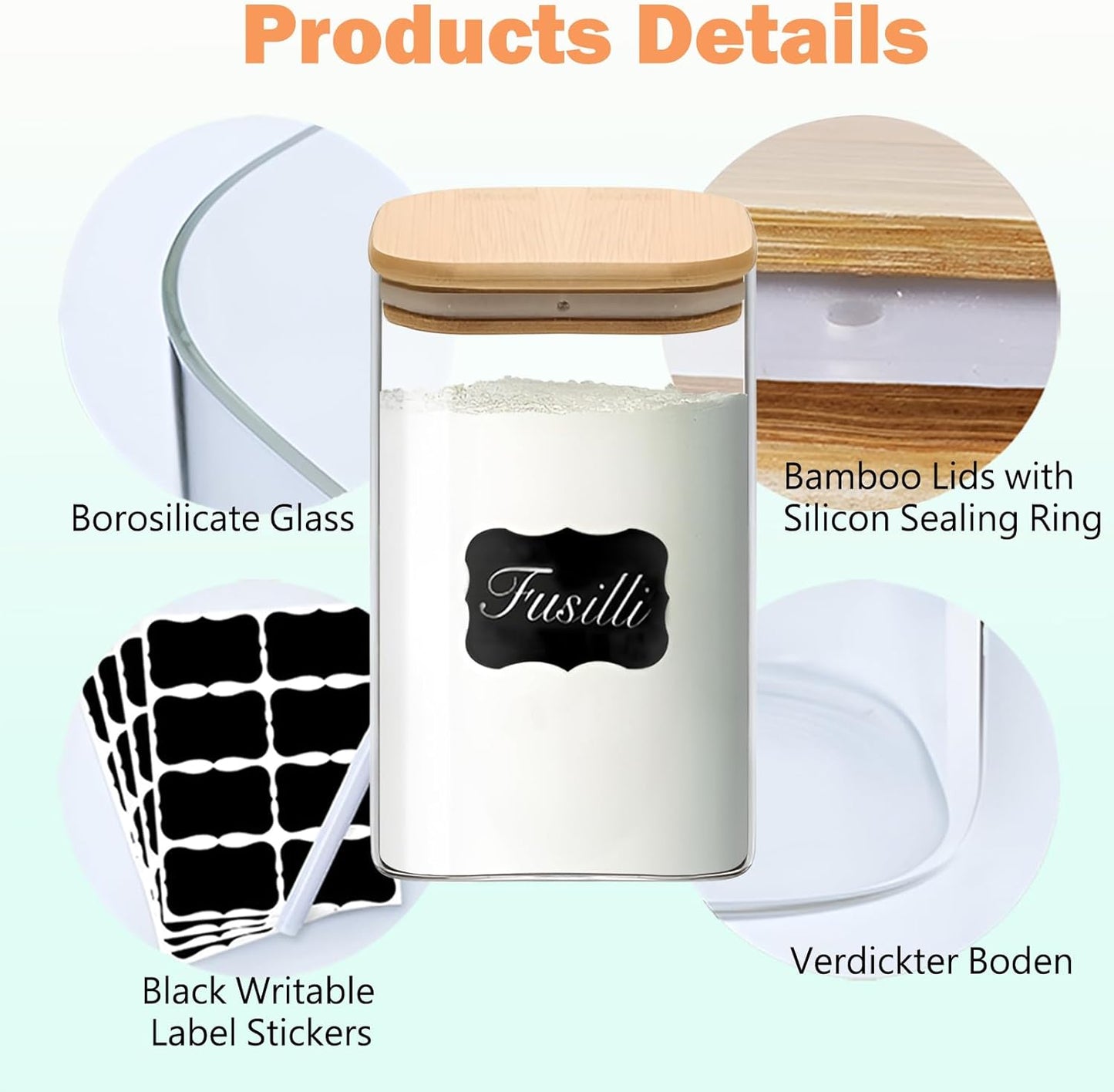 37oz Square Glass Storage Containers with Lids, glass jar with airtight lid, Glass Canister for Pantry Cookie Flour Cereal Rice Sugar Tea Coffee Beans Spice, Square Set of 4