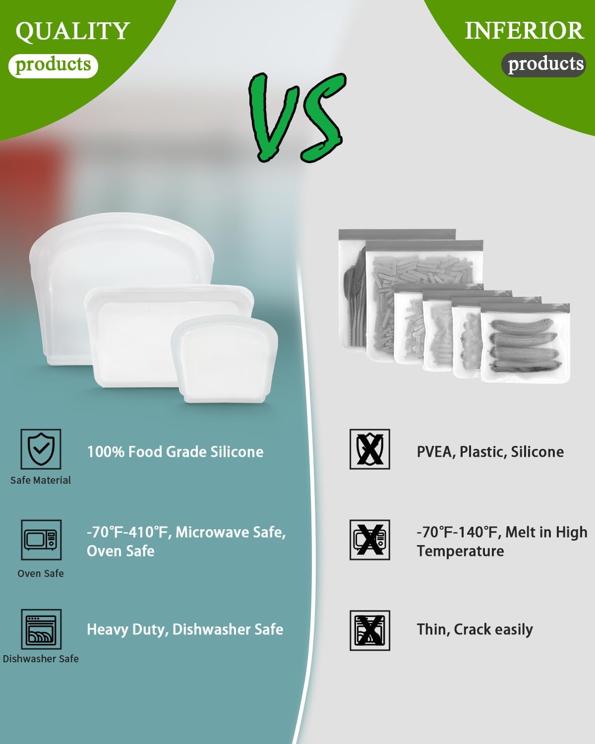 Reusable Silicone Storage Bag, 8Pack Pocket, Snack, and Sandwich Bag, Endurables Seal-Top Silicone Bags for Food Storage, Freezer, Microwave, Oven, Dishwasher Safe (Clear & Mint Green)