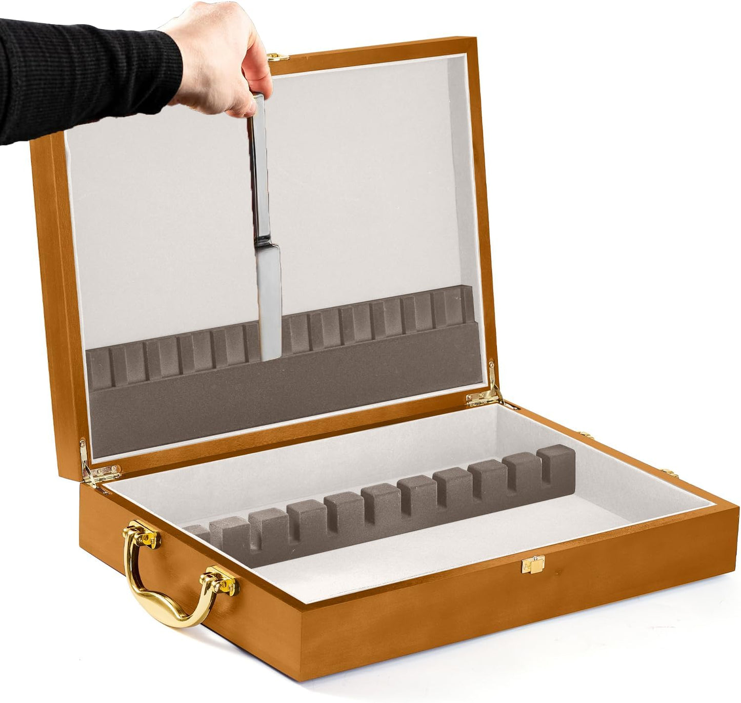 Wooden Silverware Chest without Silverware, Flatware Storage Box with Felt Lined, Silverware Organizer with Lid, Silverware Case for 12 Sets of Utensils, Walnut