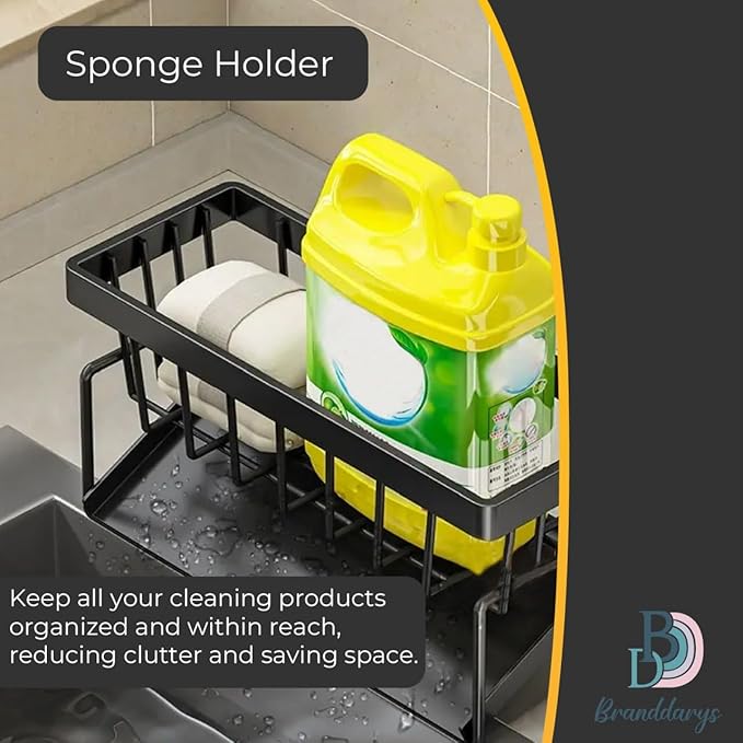 Cisily Black Sponge Holder for Kitchen Sink – Rustproof 304 Stainless Steel Sink Caddy Organizer with High Brush Holder – Kitchen Countertop Storage for Sponges, Soap & Dispensers
