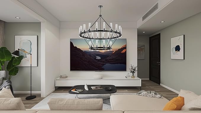 60 Inch Black Wagon Wheel Chandelier 2 Tier with Glass Shade, 30 Lights, Modern Farmhouse Style, Ideal for Dining Room, Kitchen, Entryways