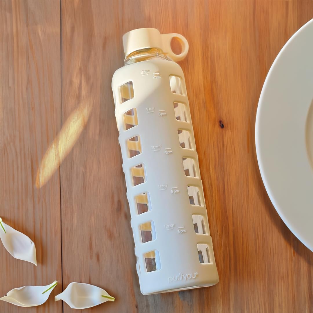purifyou 40oz / 32oz / 22oz / 12oz Borosilicate Glass Water Bottle with Time & Volume Markers, Silicone Sleeve, Stainless Steel Lid – Reusable Glass Bottle for Water & Juice (32oz Pearled Ivory)