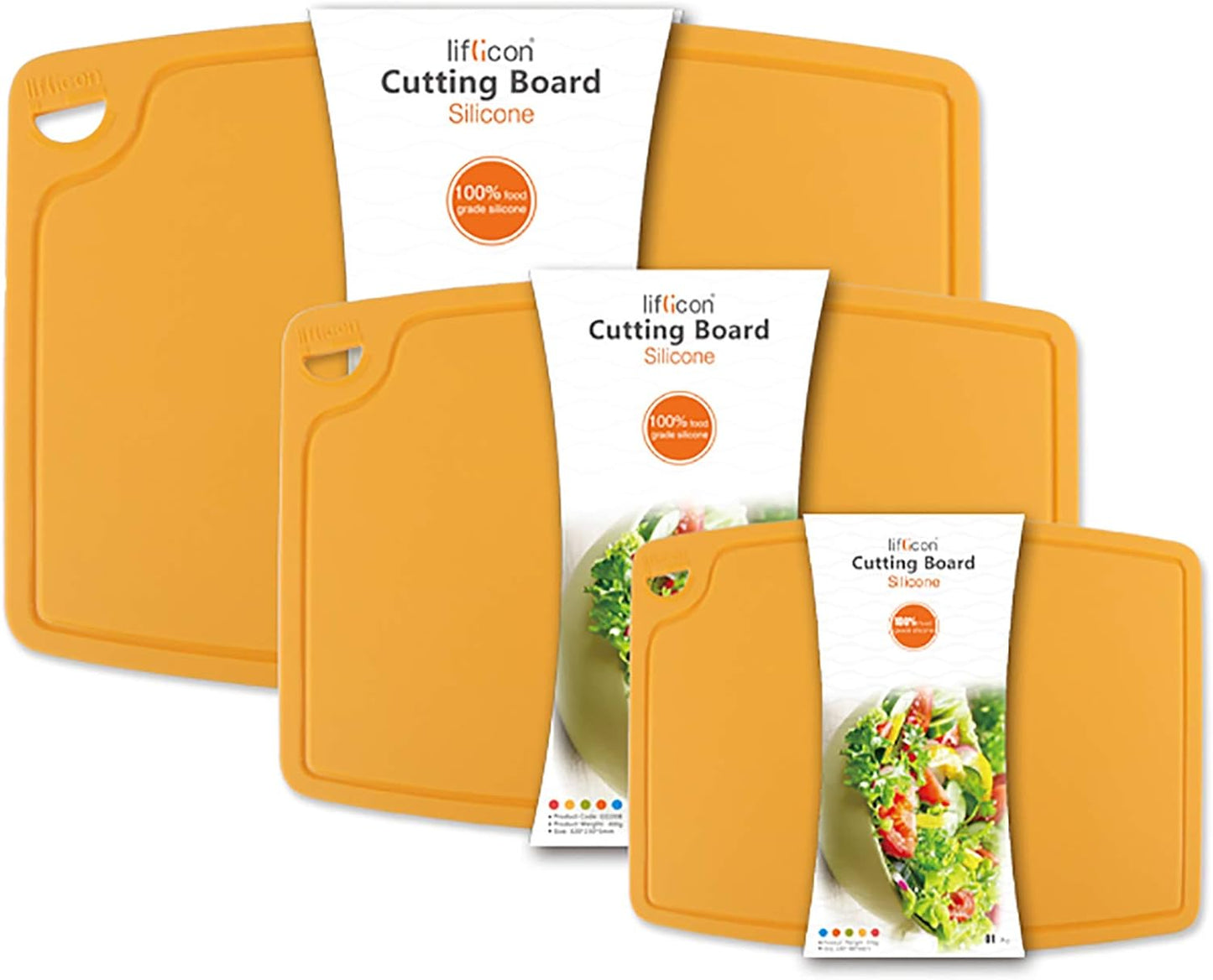 Silicone Thick Cutting Boards Mats Set of 3pcs Foldable & Flexible Design Juice Grooves Easy Grip Handle Dishwasher Safe for Kitchen,BPA free Silicone Cutting Mats-Yellow