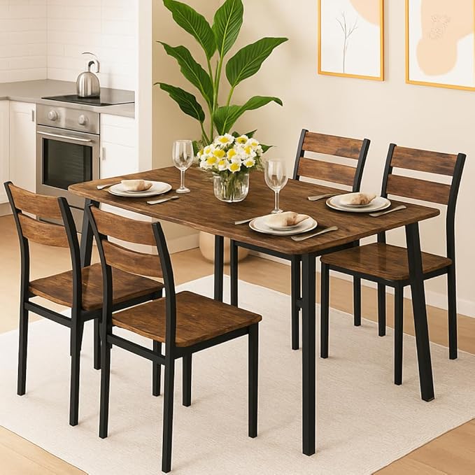Recaceik Dining Table Set for 4, Kitchen Table and Chairs Set of 4 Wood Kitchen and Dining with Classic Dinner Chairs for Small Space Apartment Home