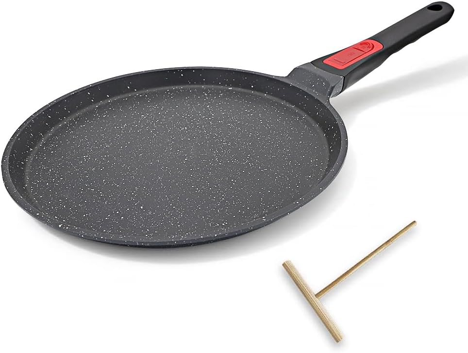 Non Stick Crepe Pan with Detachable Handle, 10 Inch Cast Aluminium Dosa Tawa Tortilla Pan, Pancake Pan Induction Compatible - Black