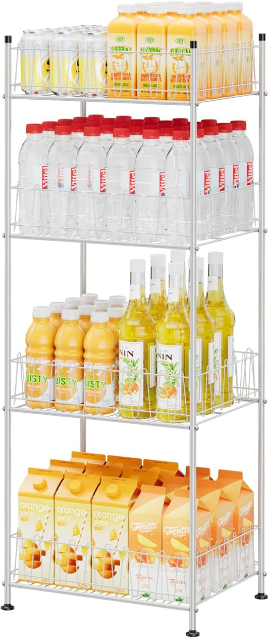 Water Bottle Holder Organizer 4 Tier Drink Can Shelf Organizer Rack for Floor Freestanding Water Bottle Rack Stand Beverage Storage Shelf for Pantry Kitchen Food Storage, Silver