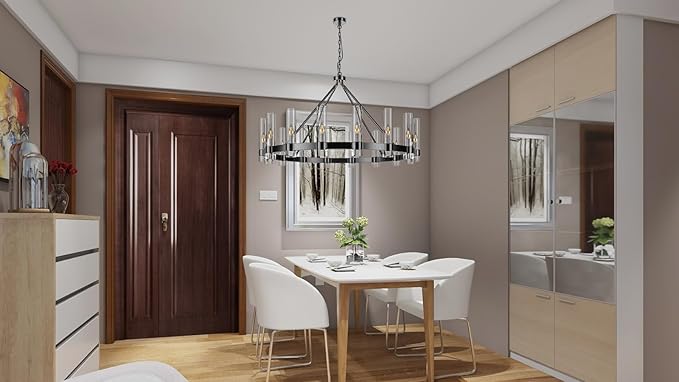 48 Inch Black Wagon Wheel Chandelier with Glass Shade, 16 Lights, Modern Farmhouse Style, Ideal for Dining Room, Kitchen, Entryways