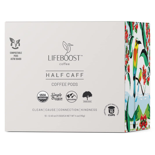Lifeboost Half Caff Coffee K Cups - Low Acid Half Caff Coffee Pods - Single Origin Non-GMO Mold Free Pods Compatible with Keurig & Keurig 2 - No Mycotoxins or Pesticides - 10 Count
