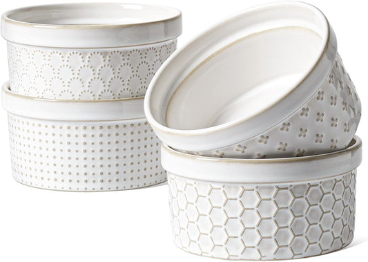 LE TAUCI Ramekins 12 oz, Ramiken for Creme Brulee, Souffle, Dipping Sauce, Ceramic Embossment Housewaming Present -4.8 inch, Set of 4, Arctic White