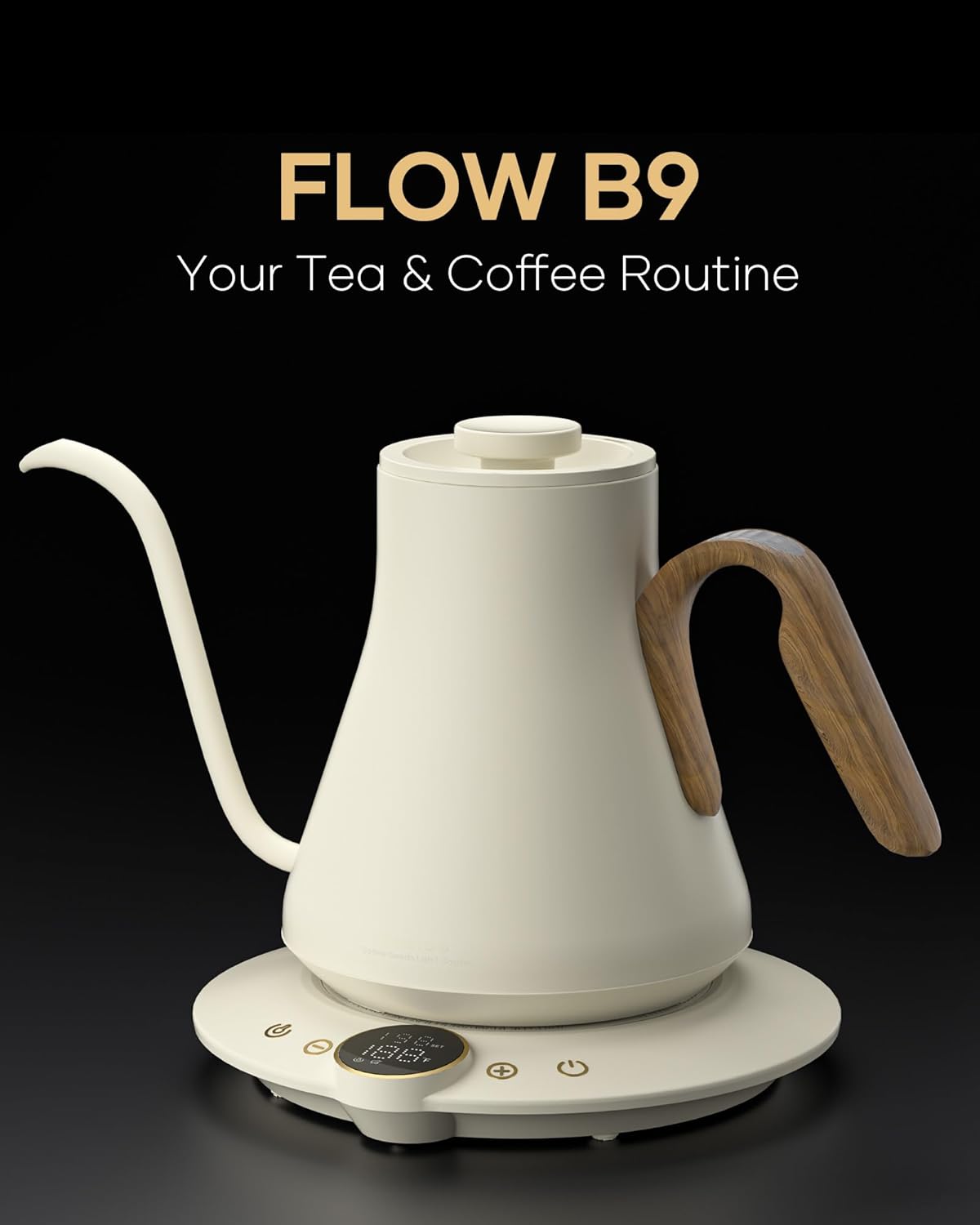 Cocinare FLOW B9 Gooseneck Electric Kettle, Precise Temperature Control for Pour-Over Coffee & Tea Brewing, Stainless Steel Interior, Rapid Heating for Boiling Water 1500W/0.9L (White Wooden)